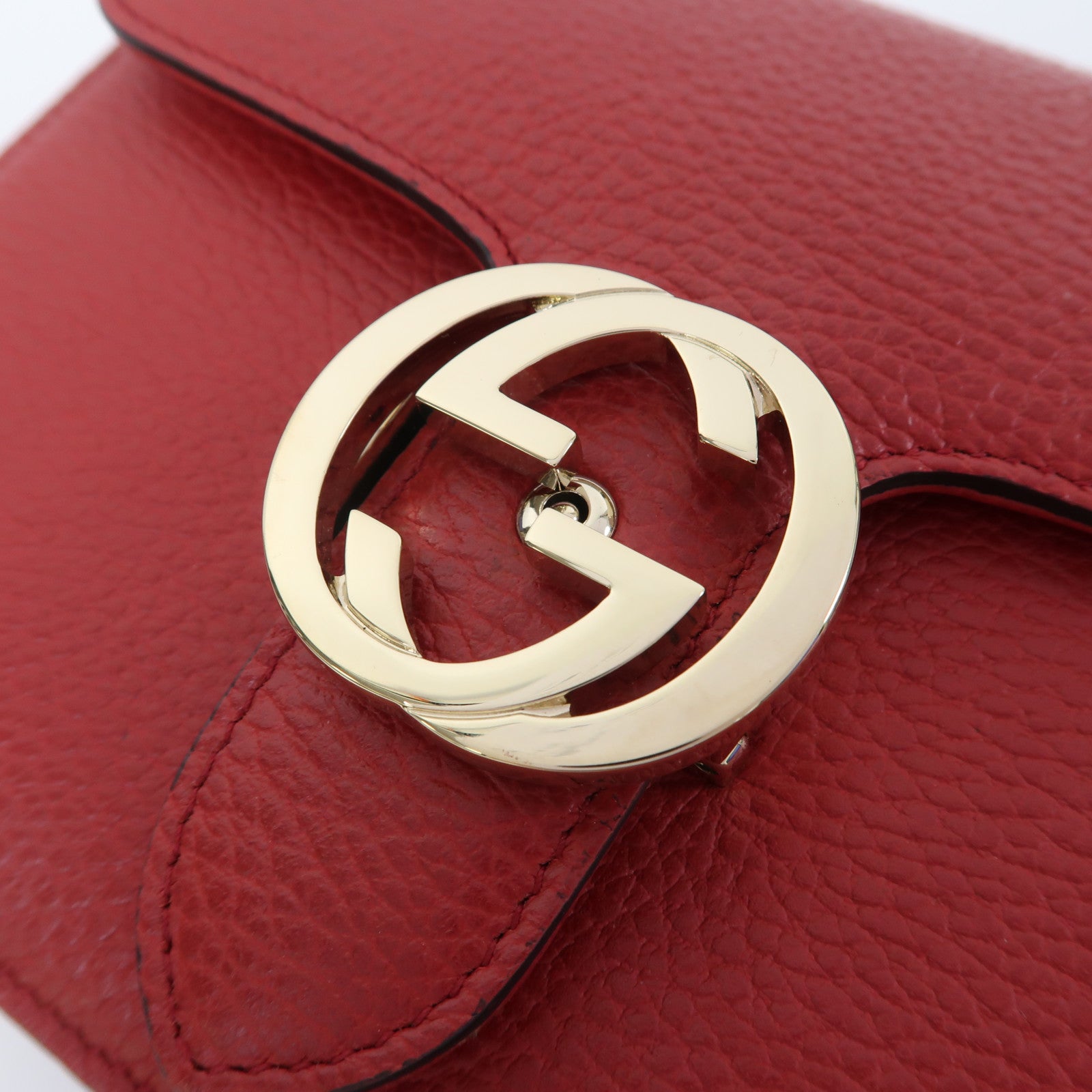 GUCCI 【激減優惠】牛皮皮革Interlocking G金扣鏈帶肩背袋紅色