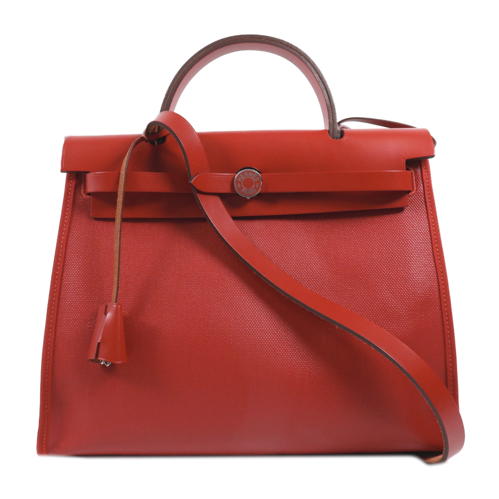 HERMES 塗層帆布Herbag PM銀扣手挽肩背兩用袋Rouge Casaque
