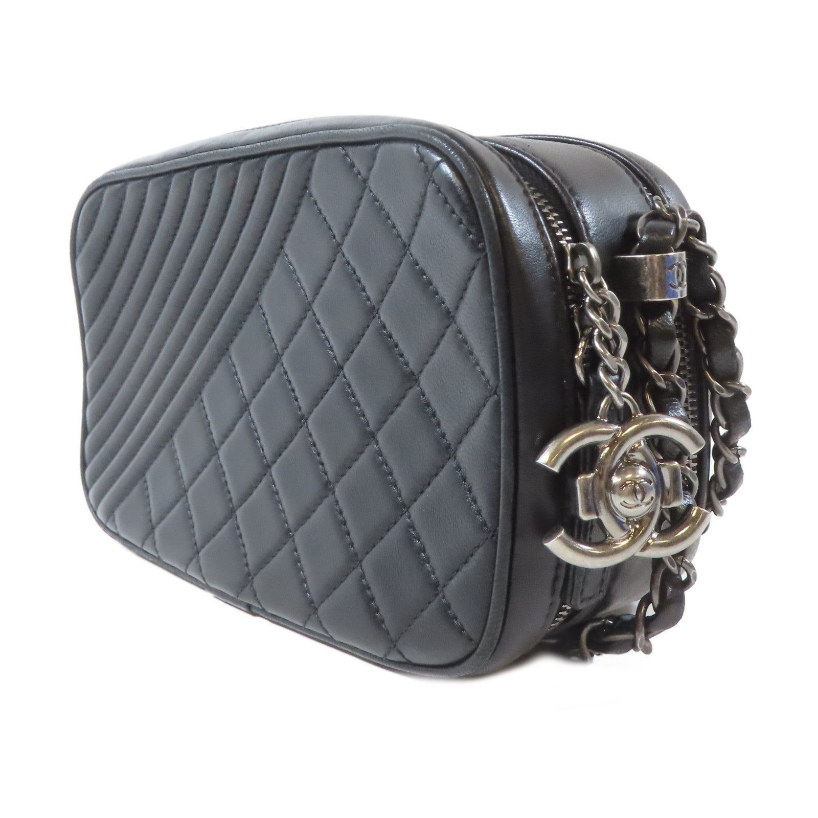 CHANEL 斜紋/菱格牛皮皮革Camera Bag黑扣鏈帶肩背袋黑色