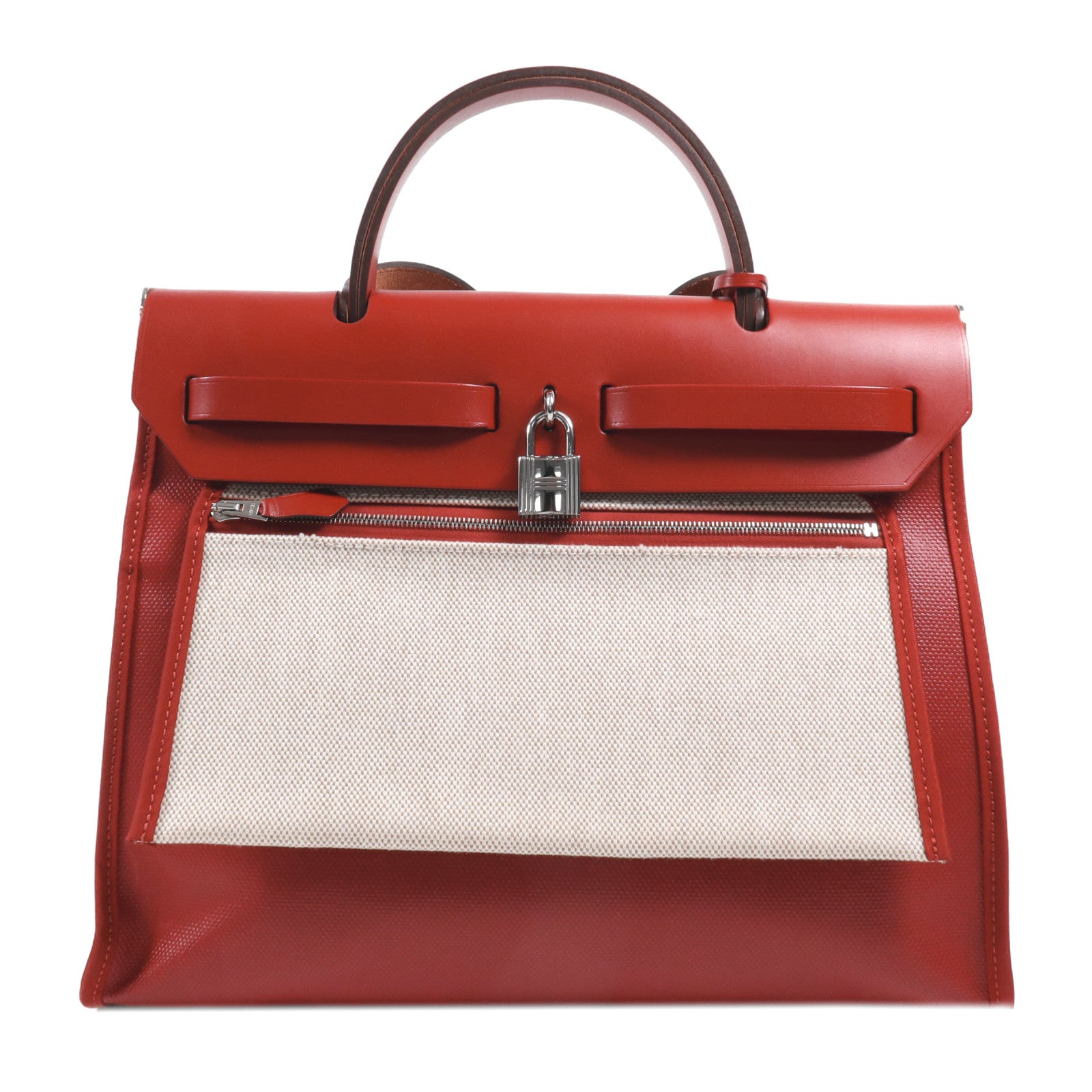 HERMES 塗層帆布Herbag PM銀扣手挽肩背兩用袋Rouge Casaque
