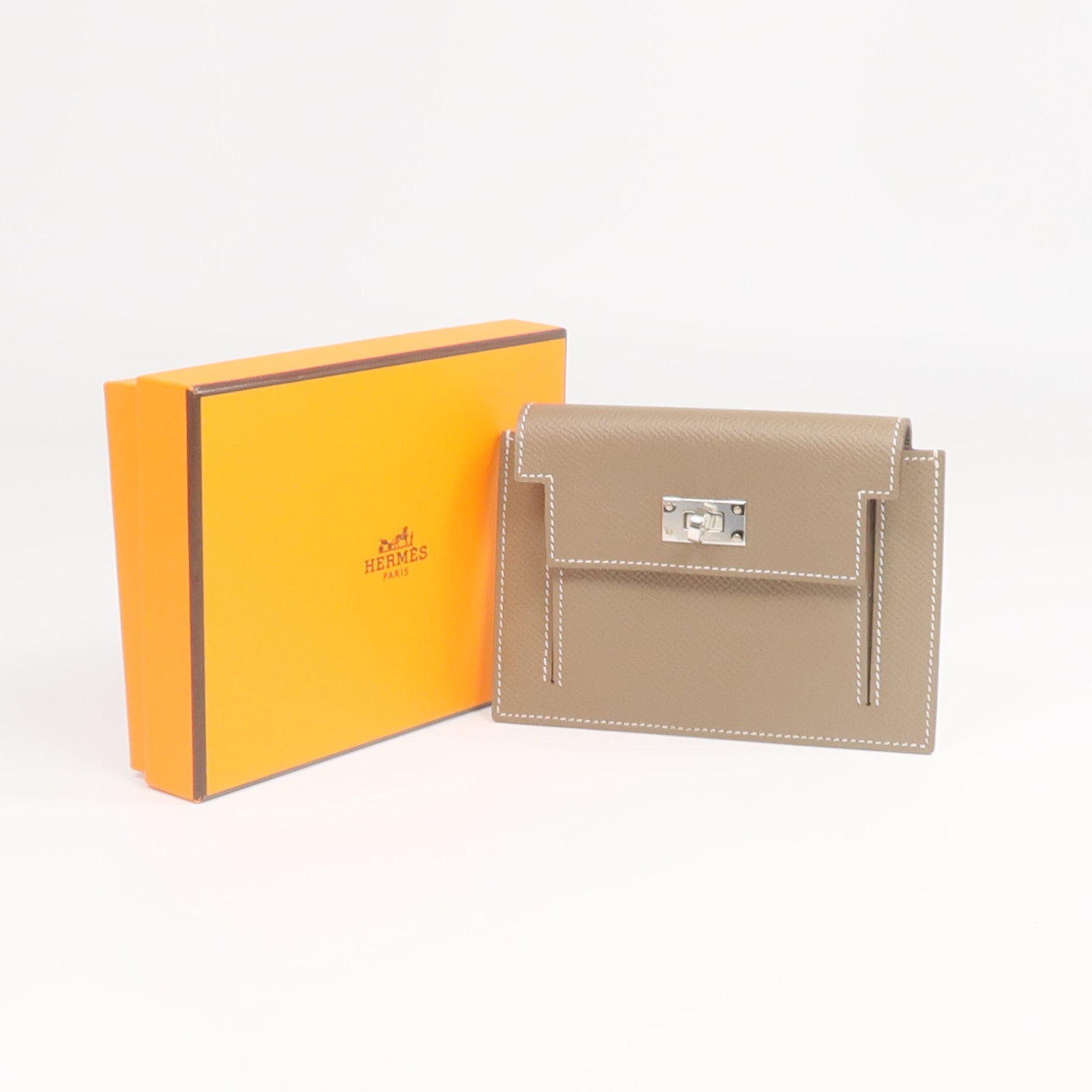 HERMES Epsom皮革Kelly Pocket銀扣錢包Etoupe