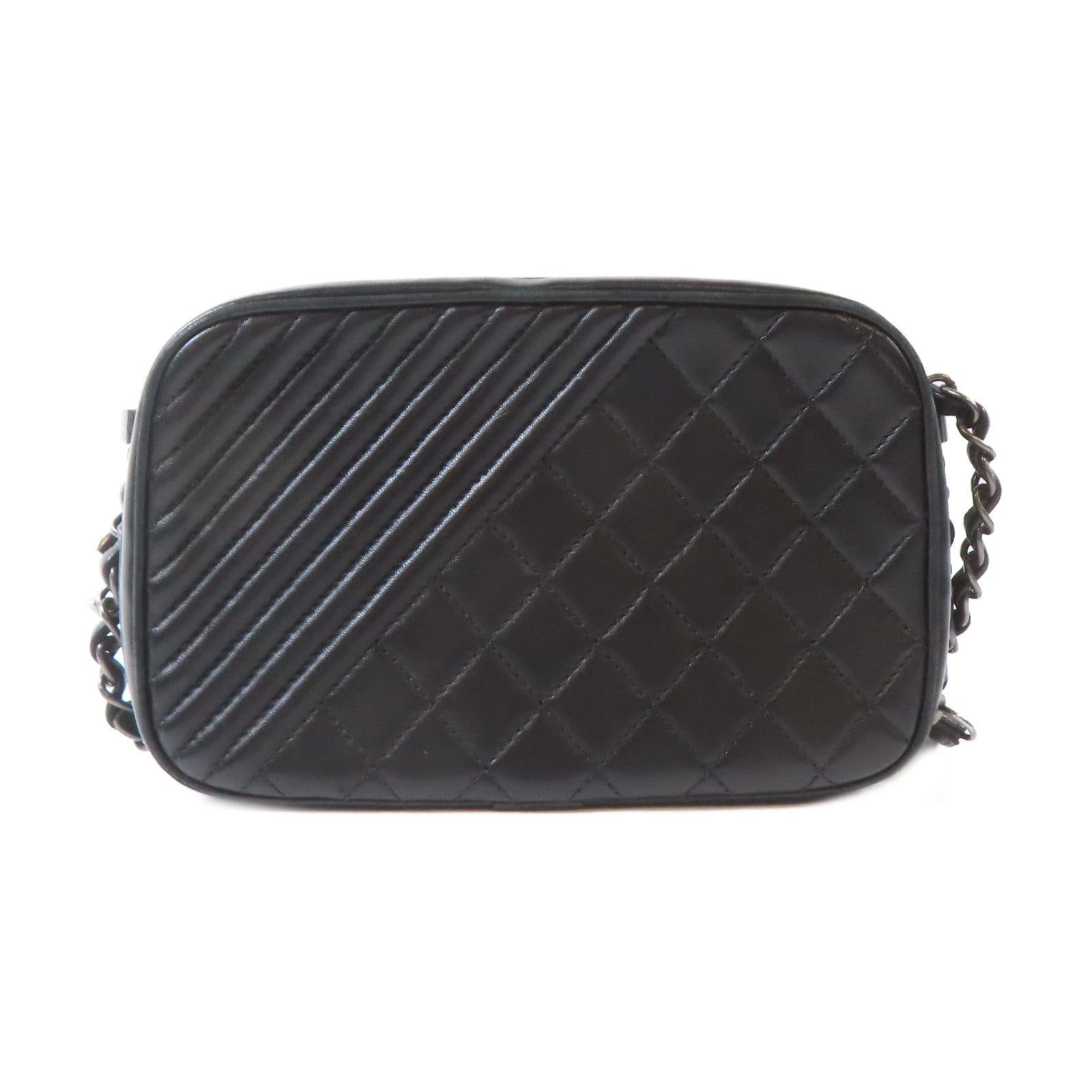 CHANEL 斜紋/菱格牛皮皮革Camera Bag黑扣鏈帶肩背袋黑色