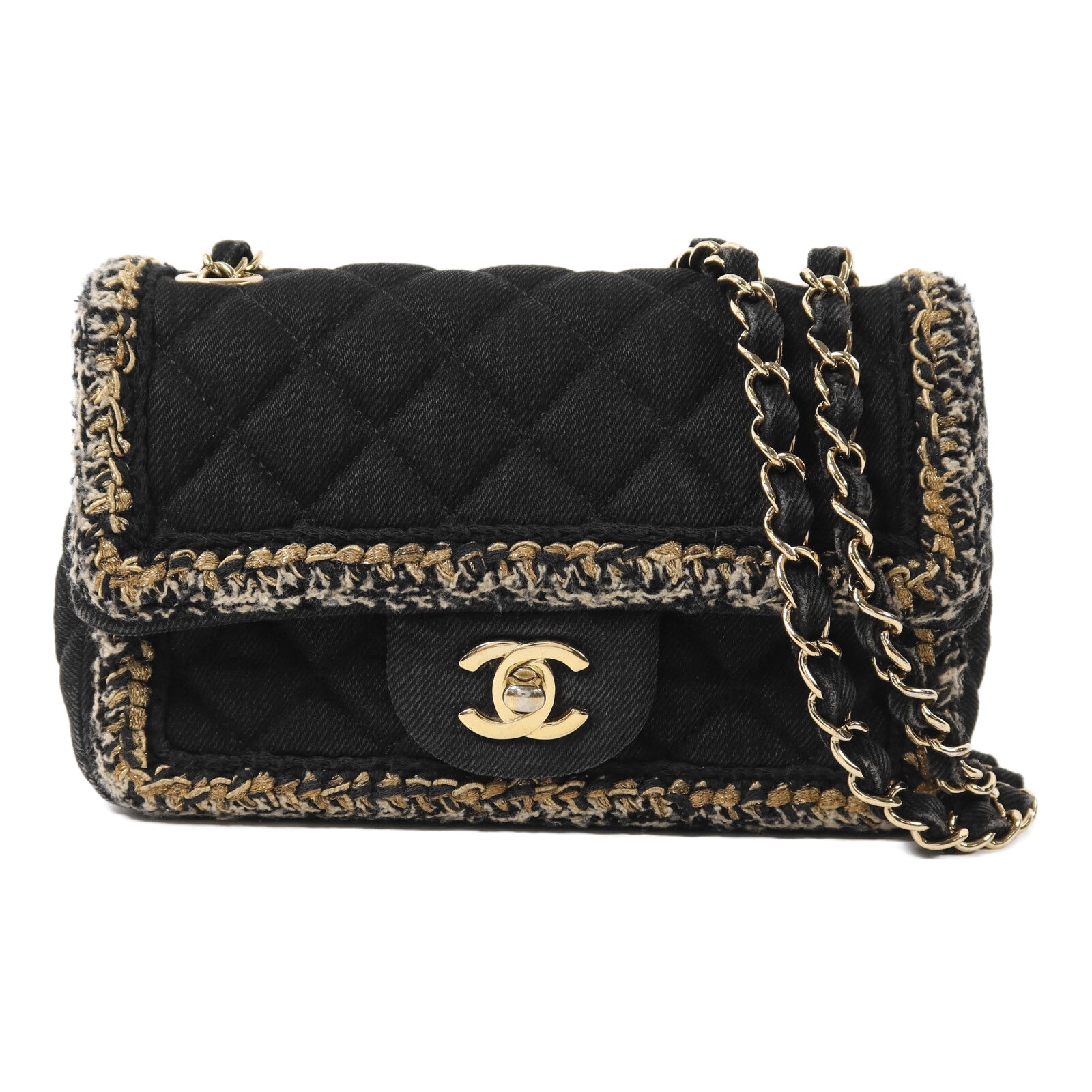 CHANEL 牛仔布Chain Shoulder金扣鏈帶肩背袋