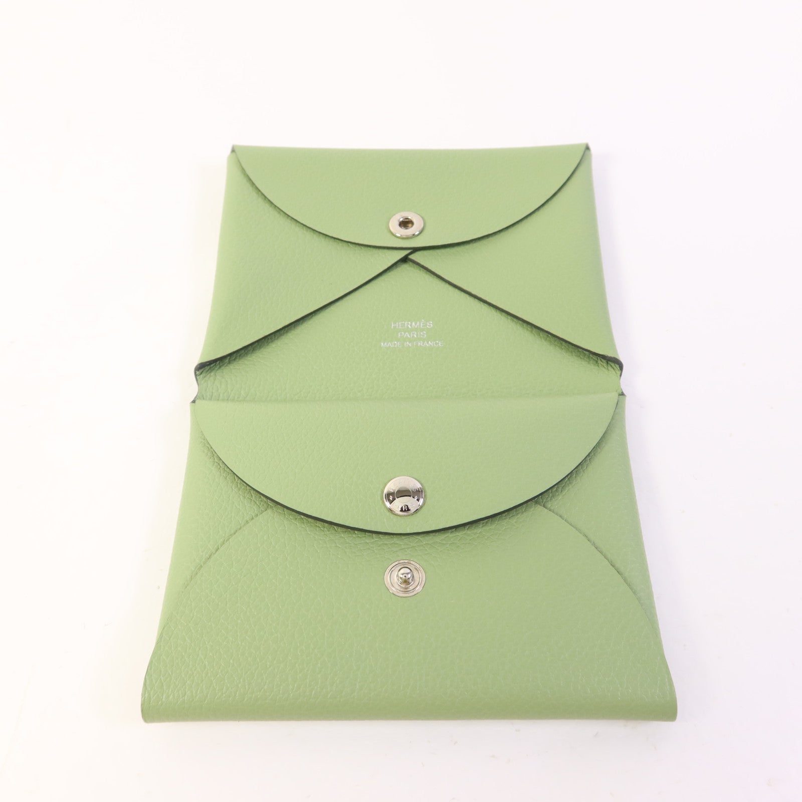 HERMES Evercolor皮革Calvi Duo銀扣卡片套Vert Criquet