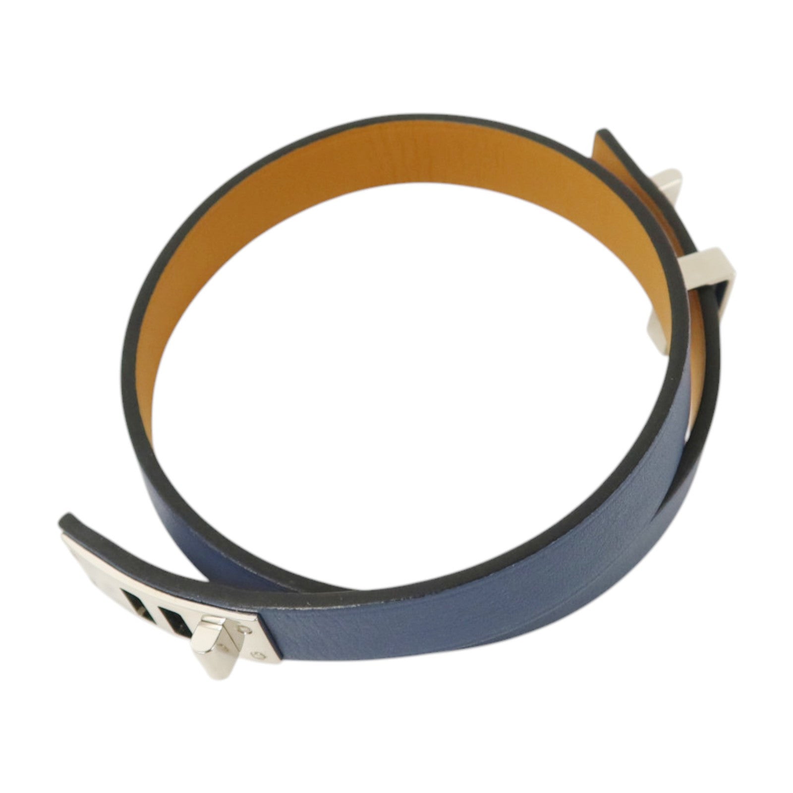 HERMES Swift皮革Mini Dog Double Tour Bracelet銀扣手鏈Bleu Brighton