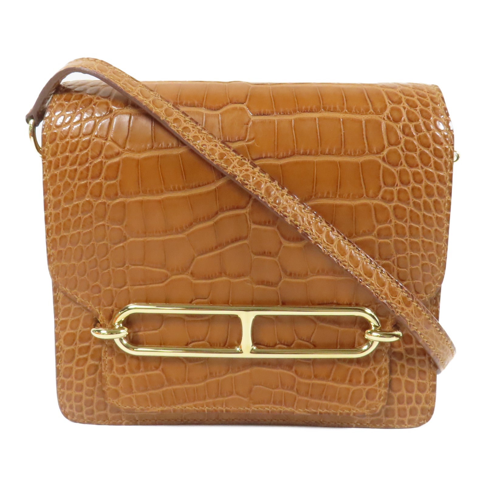 HERMES 鱷魚皮革Mini Roulis金扣肩背袋Gold