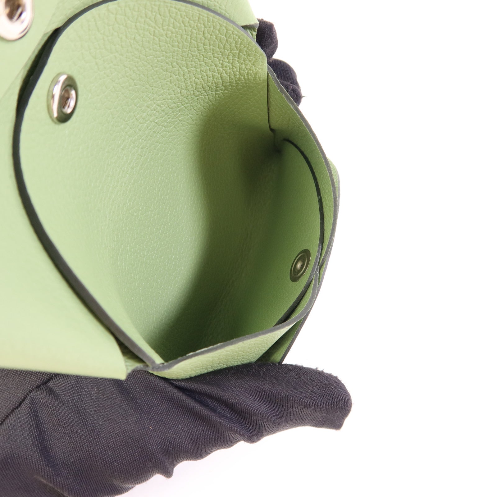 HERMES Evercolor皮革Calvi Duo銀扣卡片套Vert Criquet