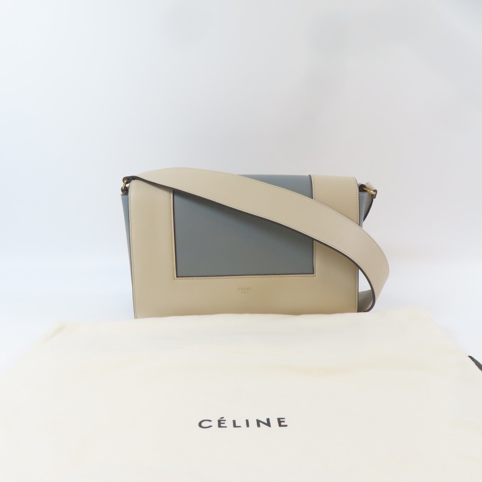 CELINE 牛皮皮革Shoulder Bag金扣肩背袋藍色/米色