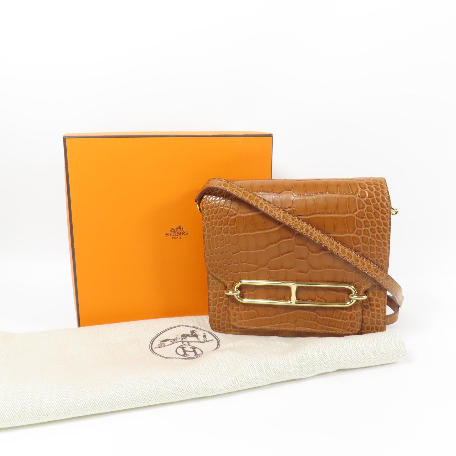 HERMES 鱷魚皮革Mini Roulis金扣肩背袋Gold