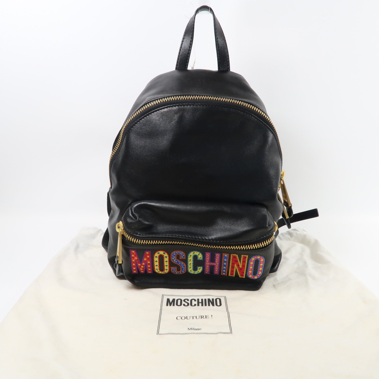 MOSCHINO 牛皮皮革Backpack金扣背包黑色