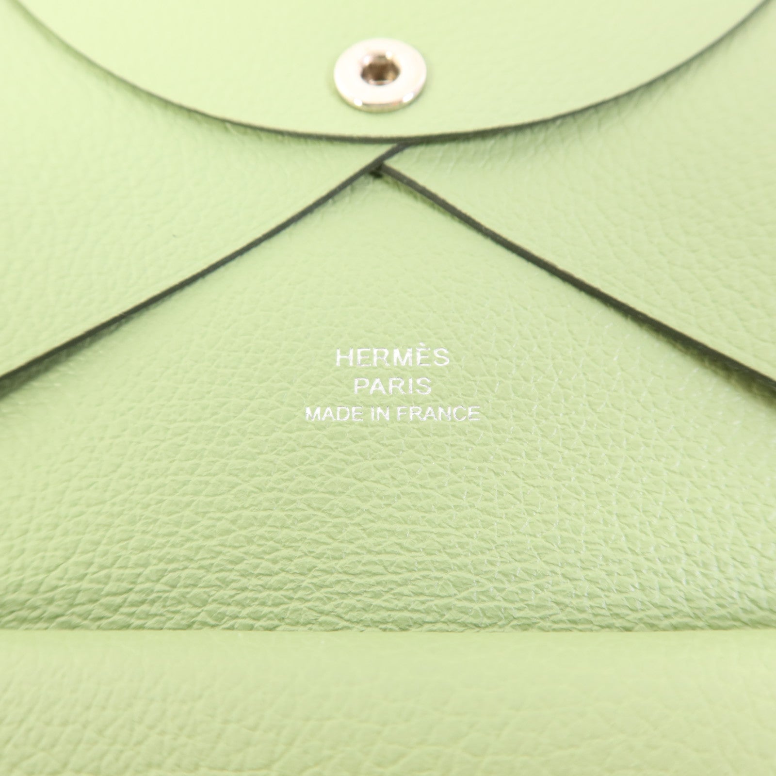 HERMES Evercolor皮革Calvi Duo銀扣卡片套Vert Criquet