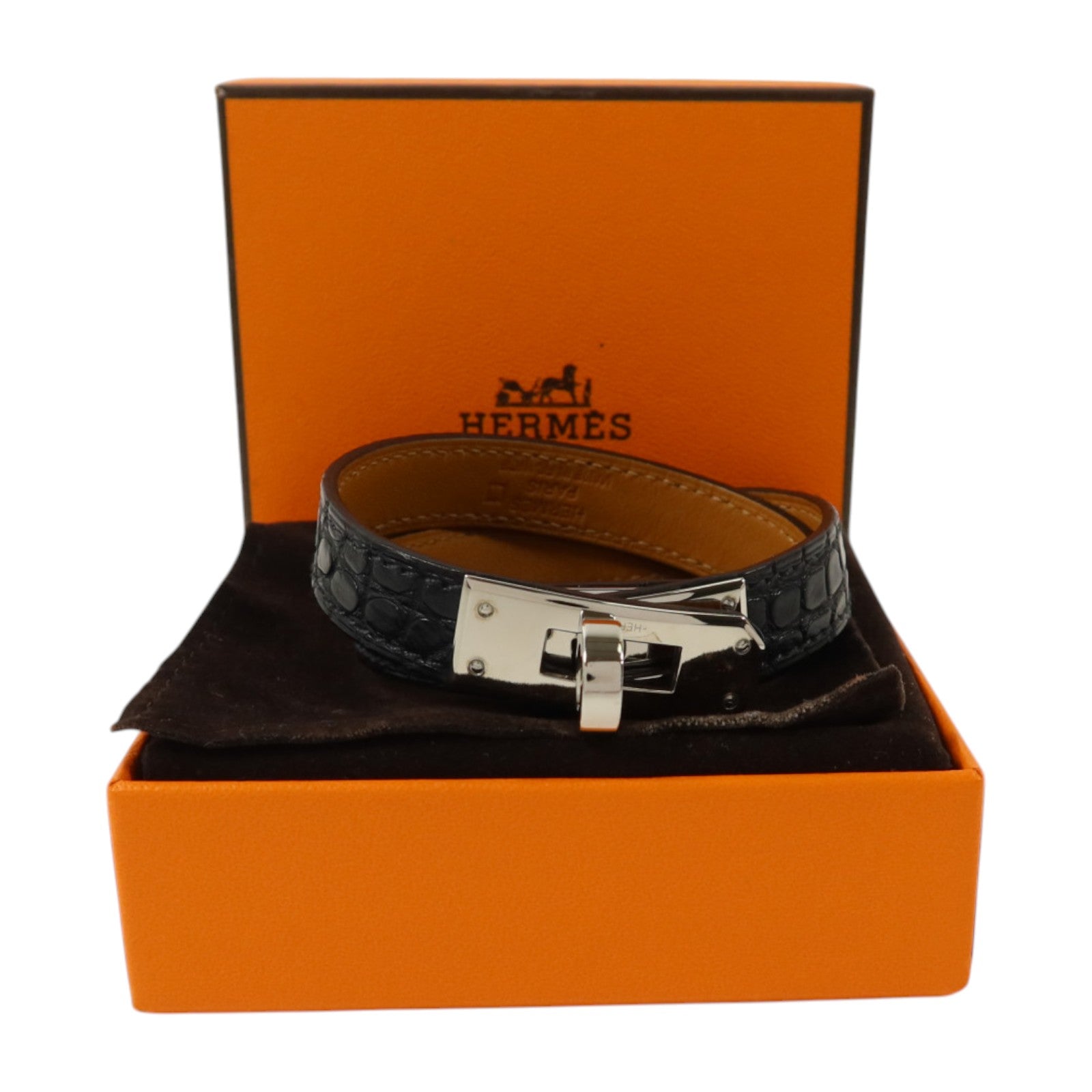 HERMES Alligator皮革Kelly Double Tour Bracelet銀扣手鏈Noir
