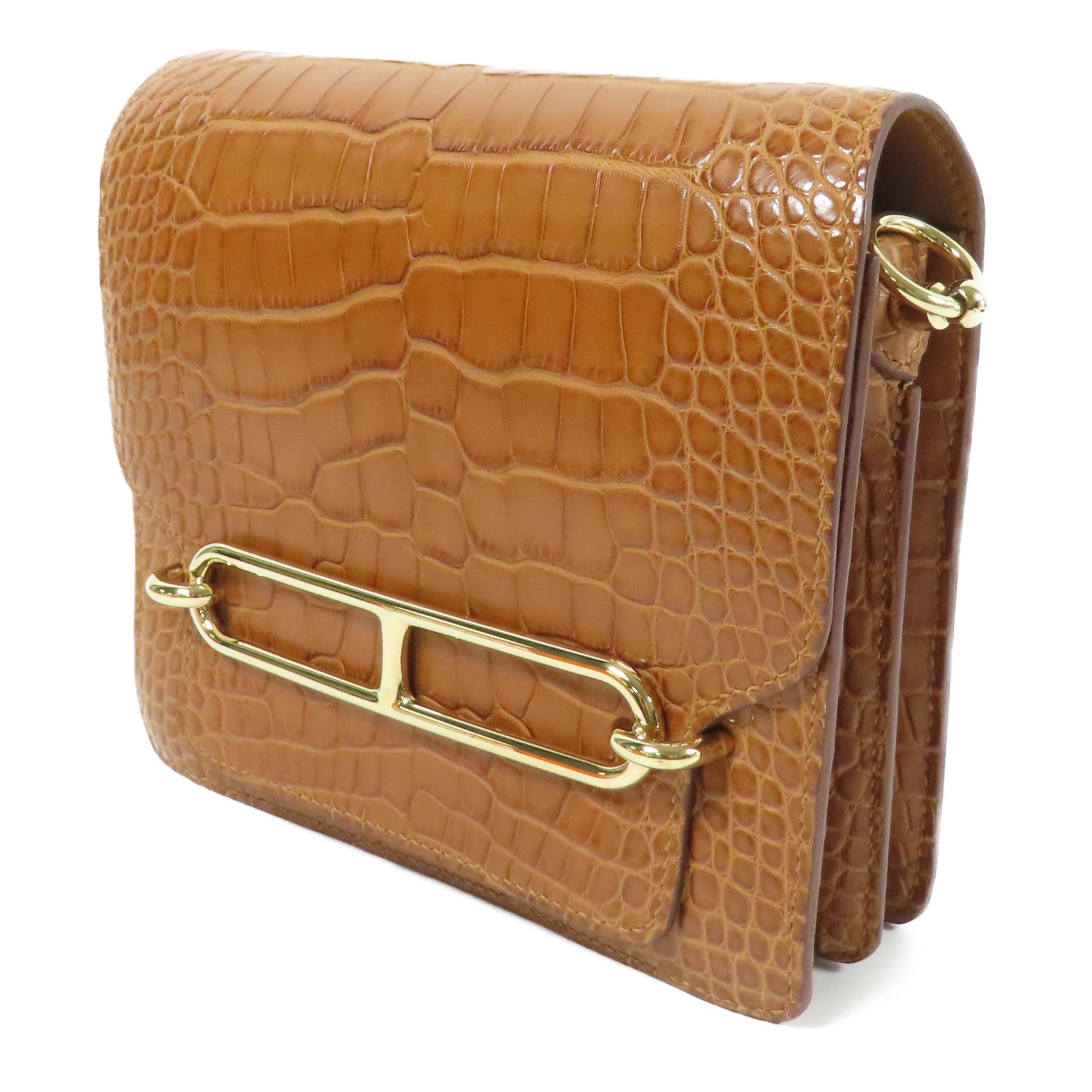 HERMES 鱷魚皮革Mini Roulis金扣肩背袋Gold