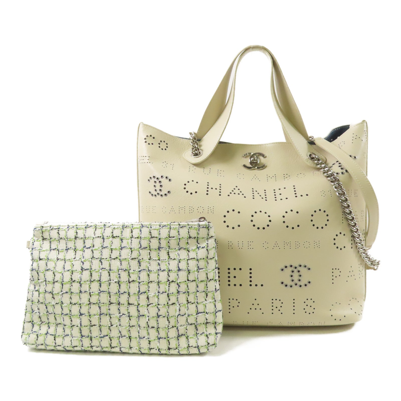 CHANEL CC SHW Chain Tote Shoulder Bag Calfskin Leather White