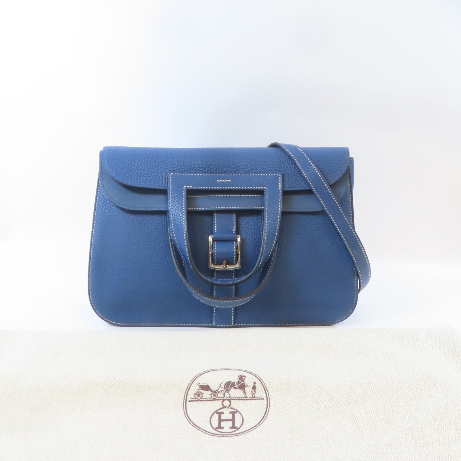 HERMES Clemence皮革Halzan 31銀扣手挽肩背兩用袋藍色
