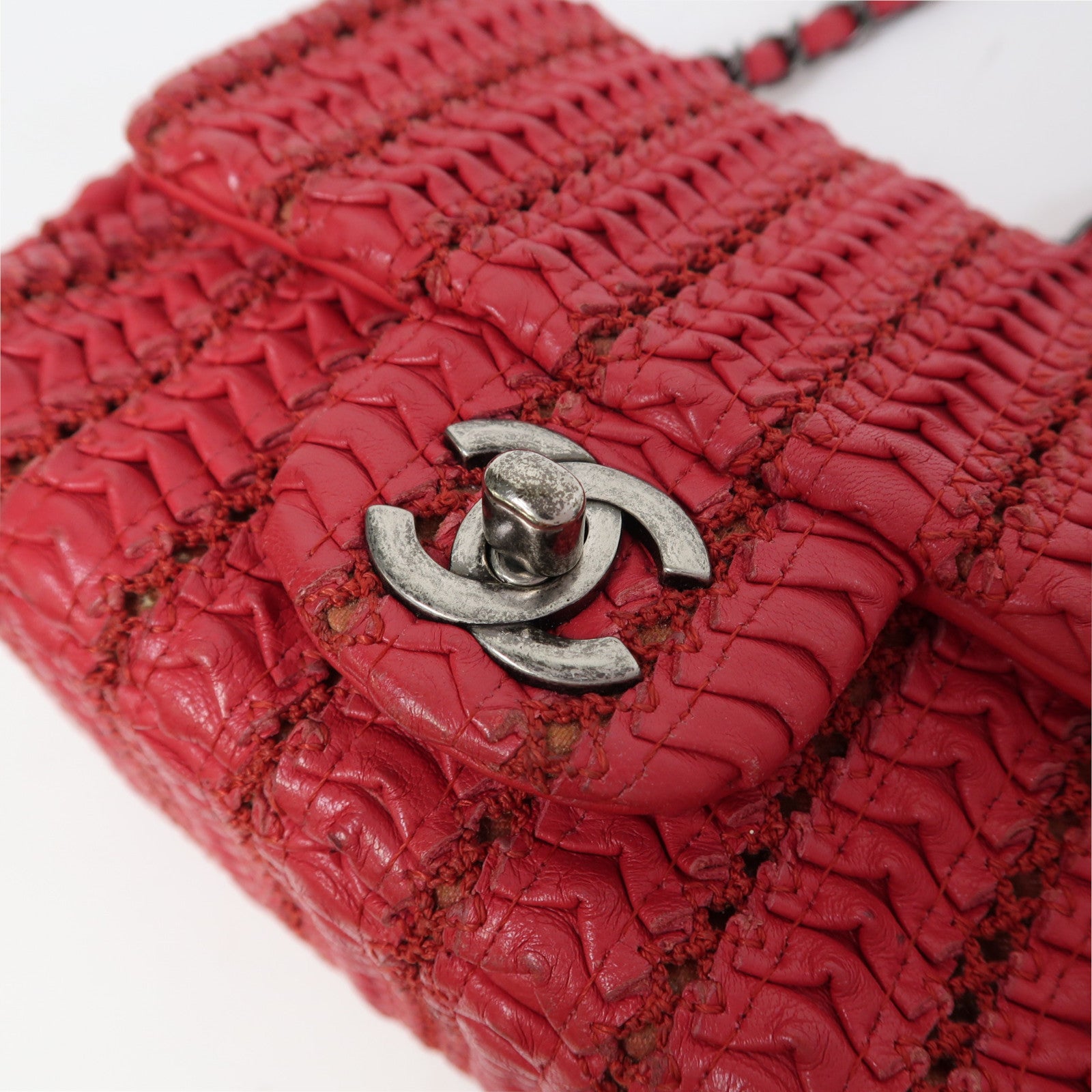 CHANEL 【激減優惠】羊皮皮革Chain Shoulder銀扣鏈帶肩背袋紅色