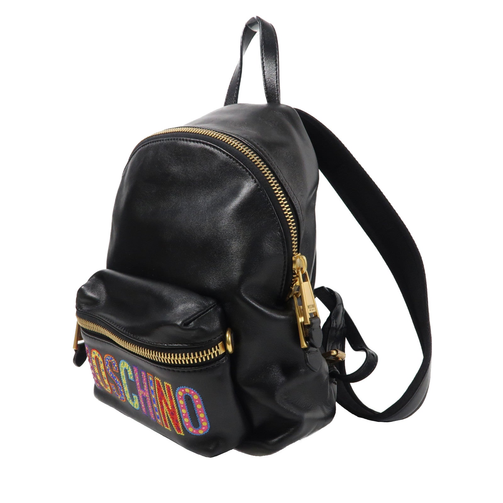 MOSCHINO 牛皮皮革Backpack金扣背包黑色