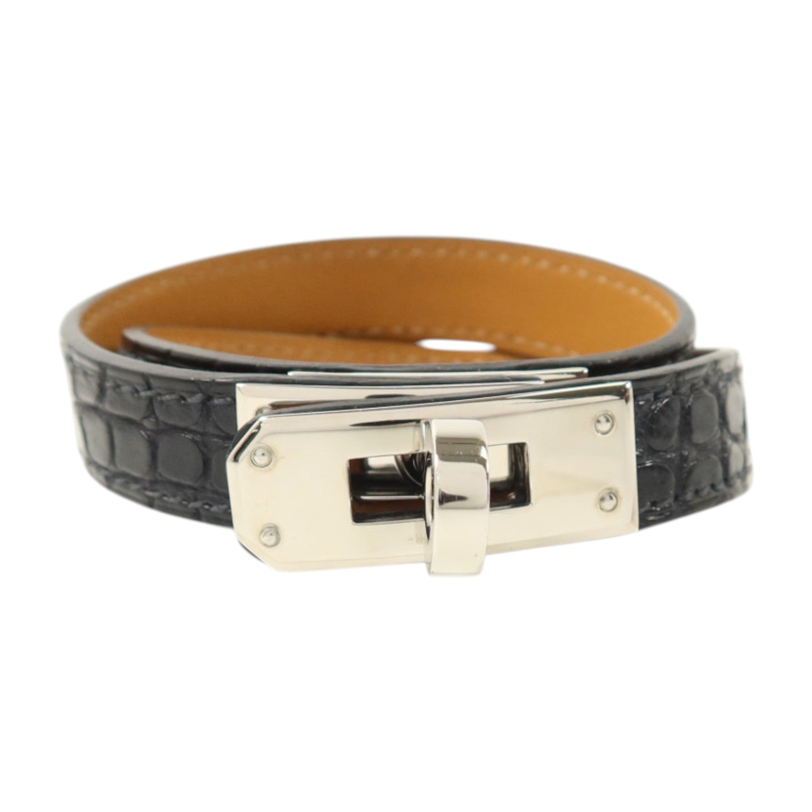 HERMES Alligator皮革Kelly Double Tour Bracelet銀扣手鏈Noir