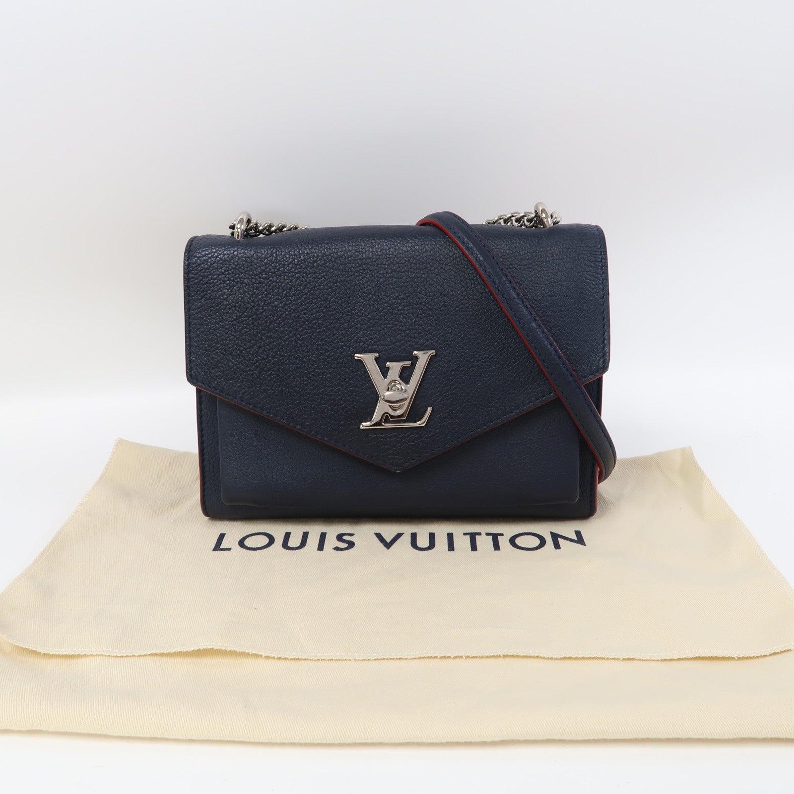 LOUIS VUITTON 牛皮皮革Mylockme BB銀扣鏈帶肩背袋深藍色