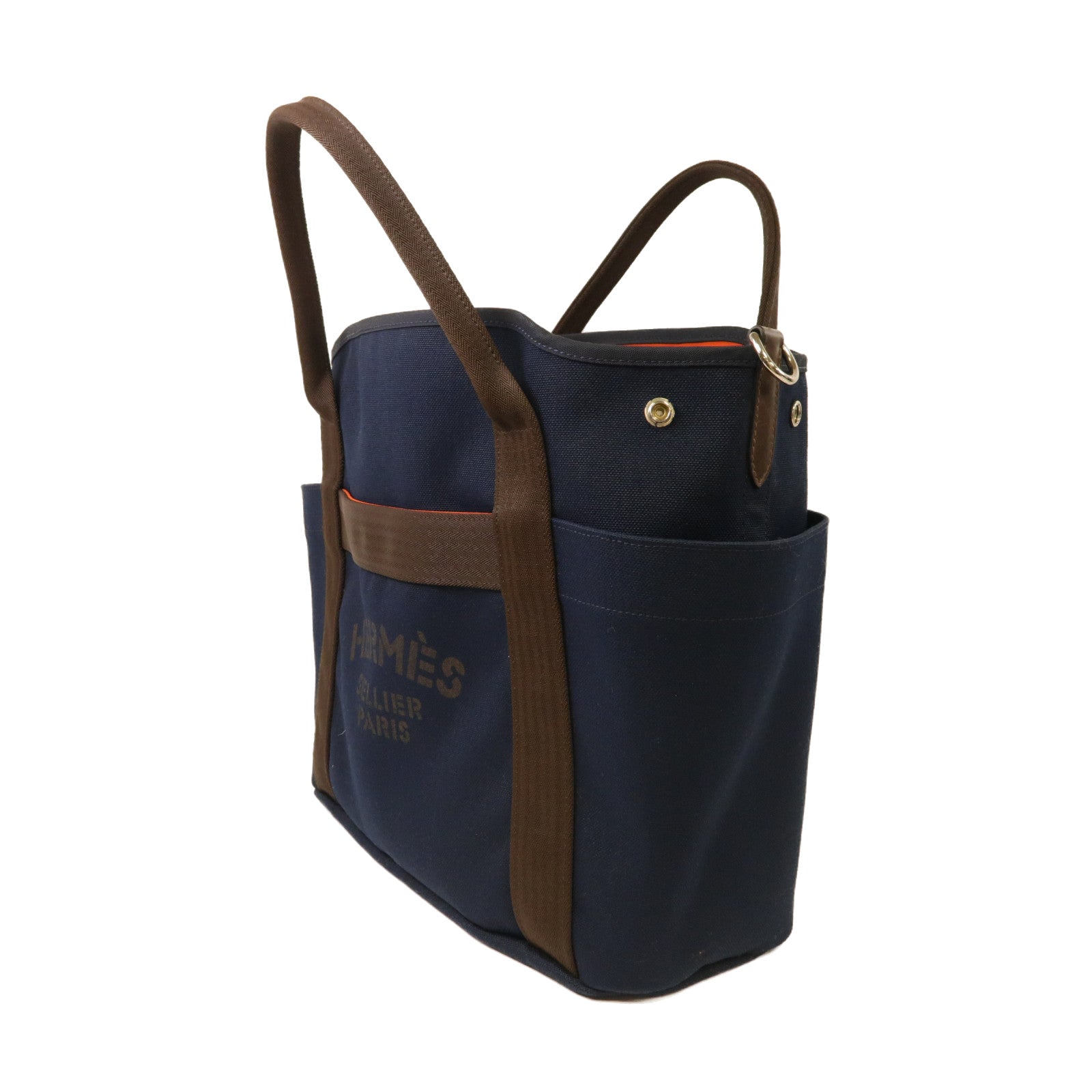 HERMES 帆布Grooming Bag銀扣手挽肩背兩用袋深藍色