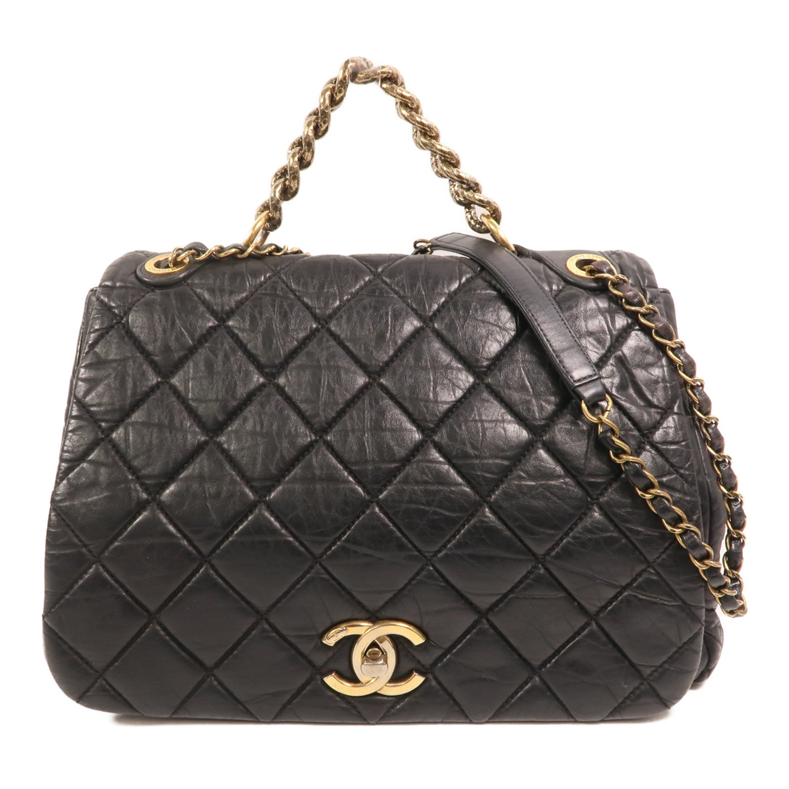 CHANEL 牛皮皮革Chain Shoulder金扣鏈帶手挽肩背兩用袋
