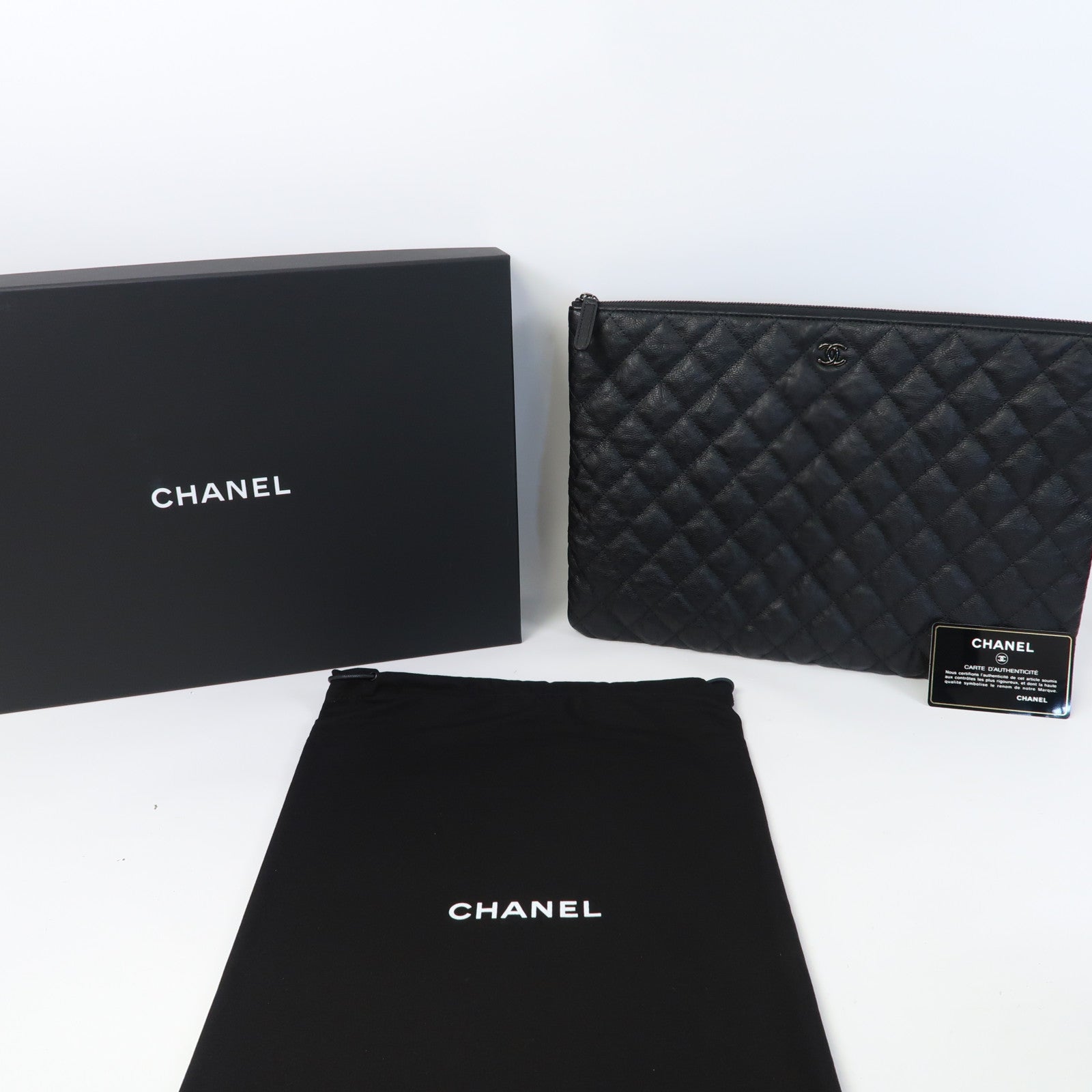 CHANEL 菱格牛皮皮革Clutch手拿包黑色