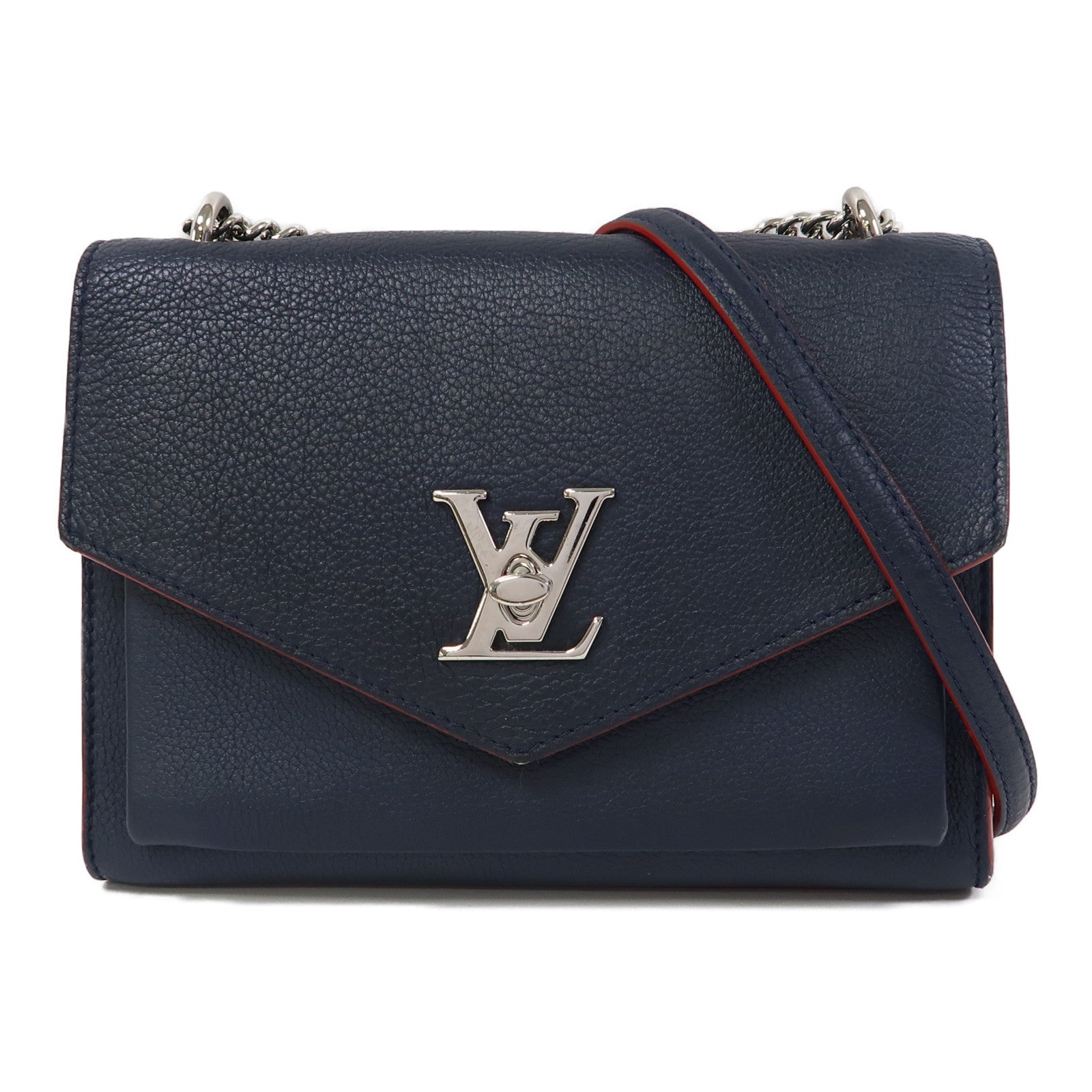LOUIS VUITTON 牛皮皮革Mylockme BB銀扣鏈帶肩背袋深藍色