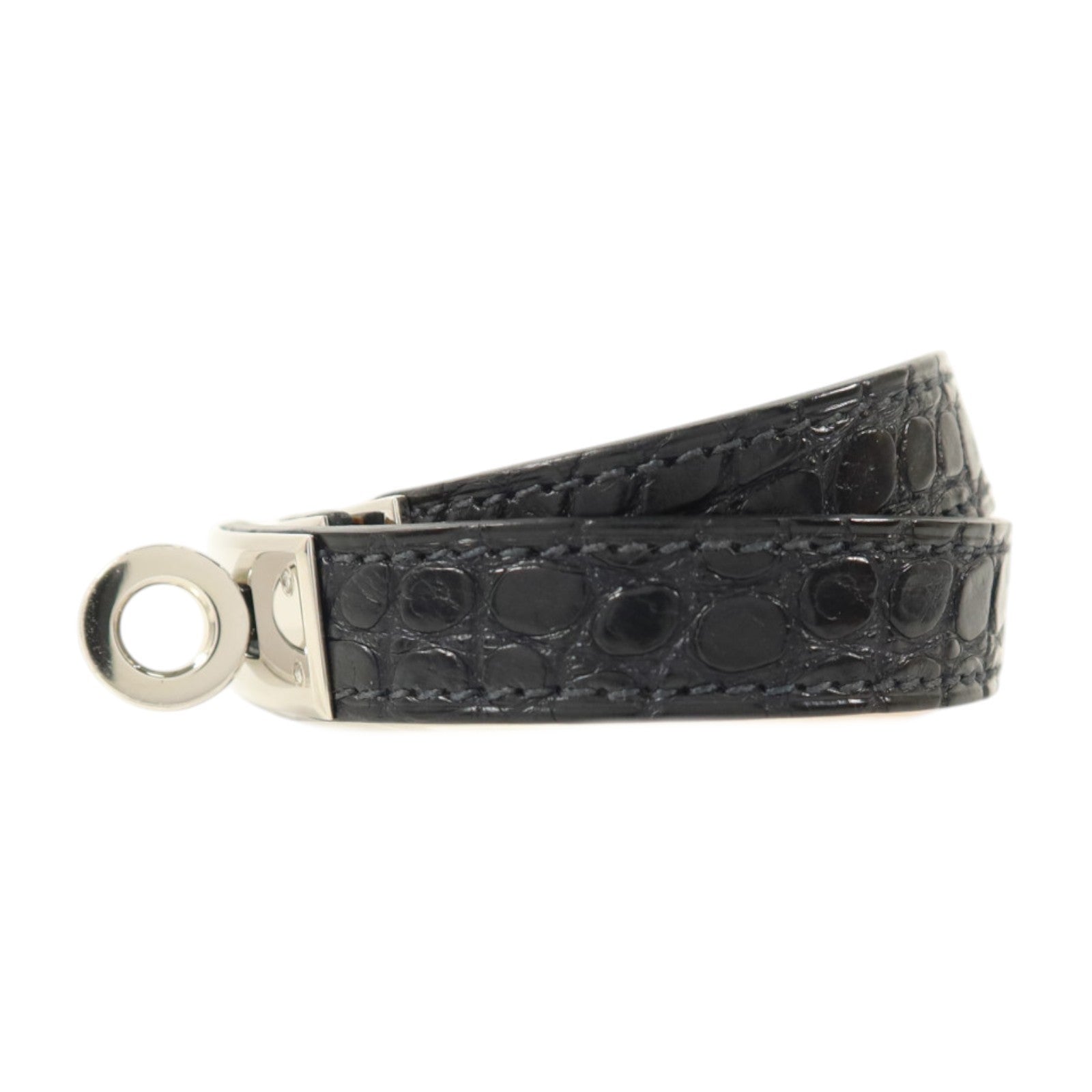 HERMES Alligator皮革Kelly Double Tour Bracelet銀扣手鏈Noir