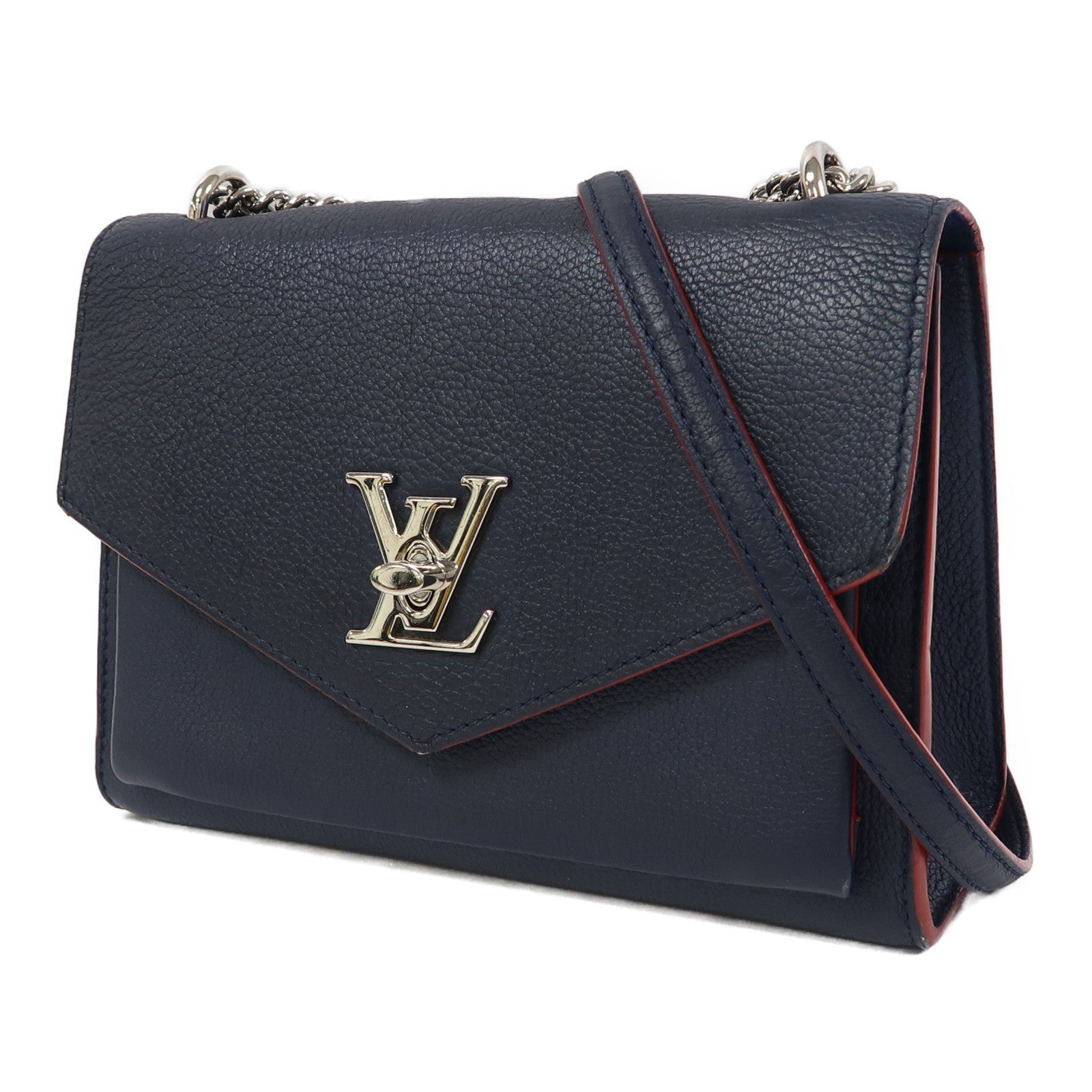 LOUIS VUITTON 牛皮皮革Mylockme BB銀扣鏈帶肩背袋深藍色