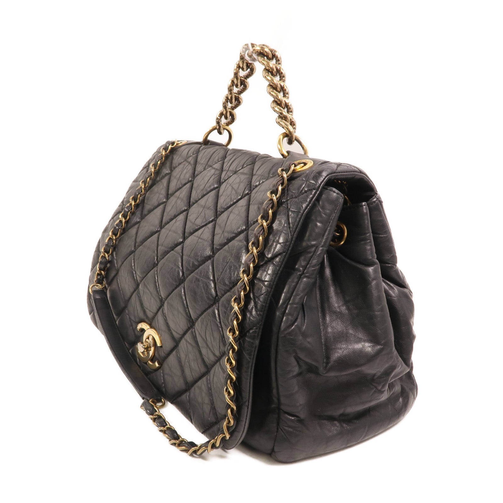 CHANEL 牛皮皮革Chain Shoulder金扣鏈帶手挽肩背兩用袋