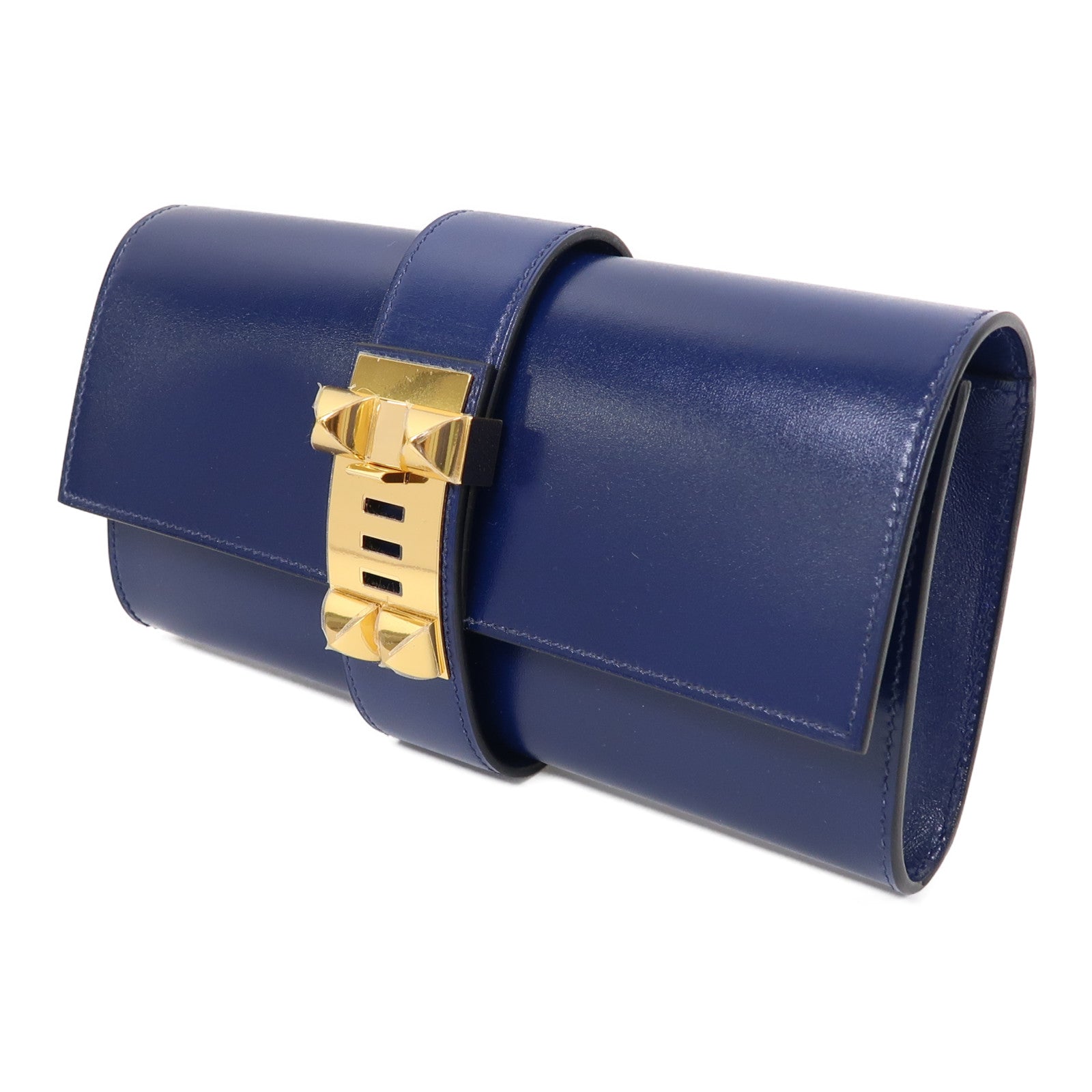 HERMES Tadelakt皮革Medor Clutch金扣手拿包寶石藍色
