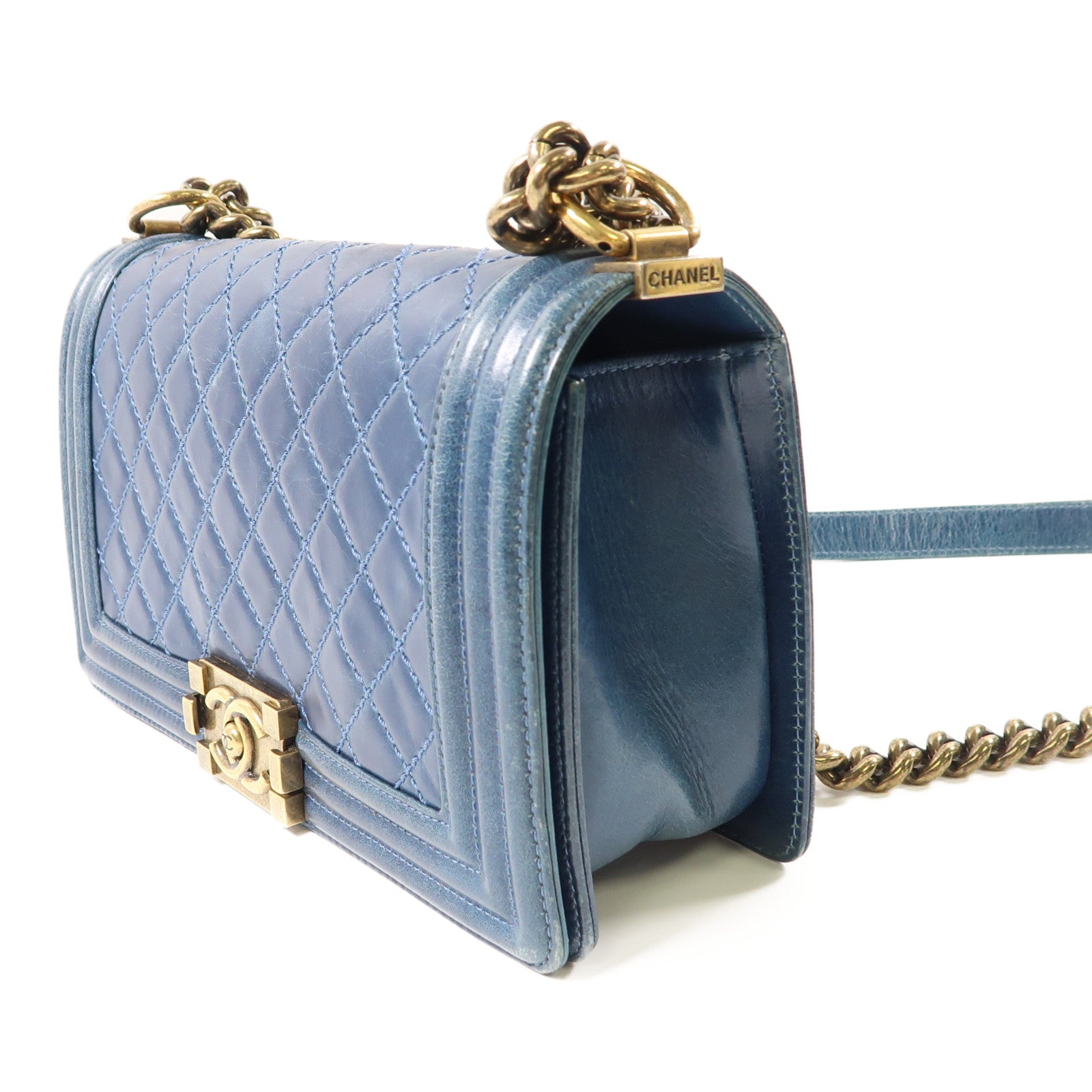 CHANEL CC GHW Boy 25 Chain Shoulder Bag Lambskin Leather Blue
