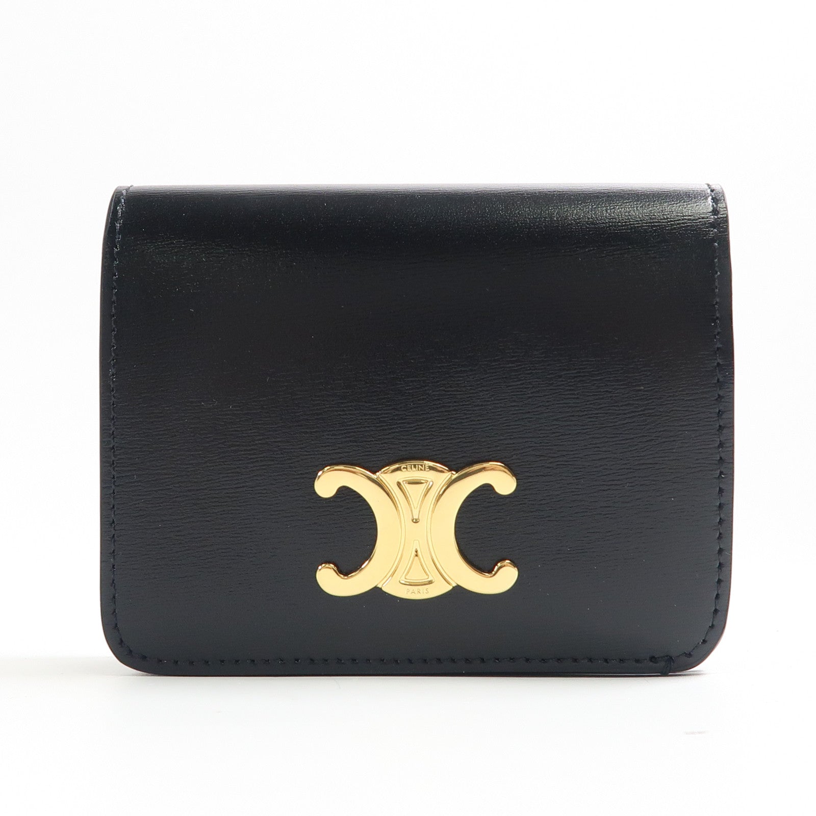 CELINE 牛皮皮革Triomphe Compact Wallet金扣錢包黑色