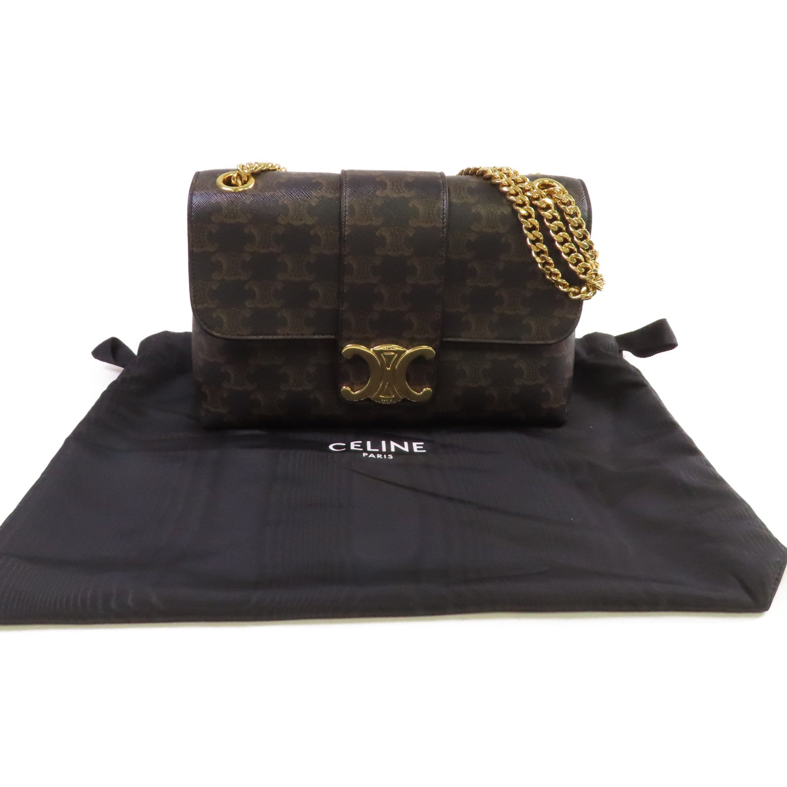 CELINE Triomphe塗層帆布Victoire Shoulder Bag金扣鏈帶肩背袋啡色