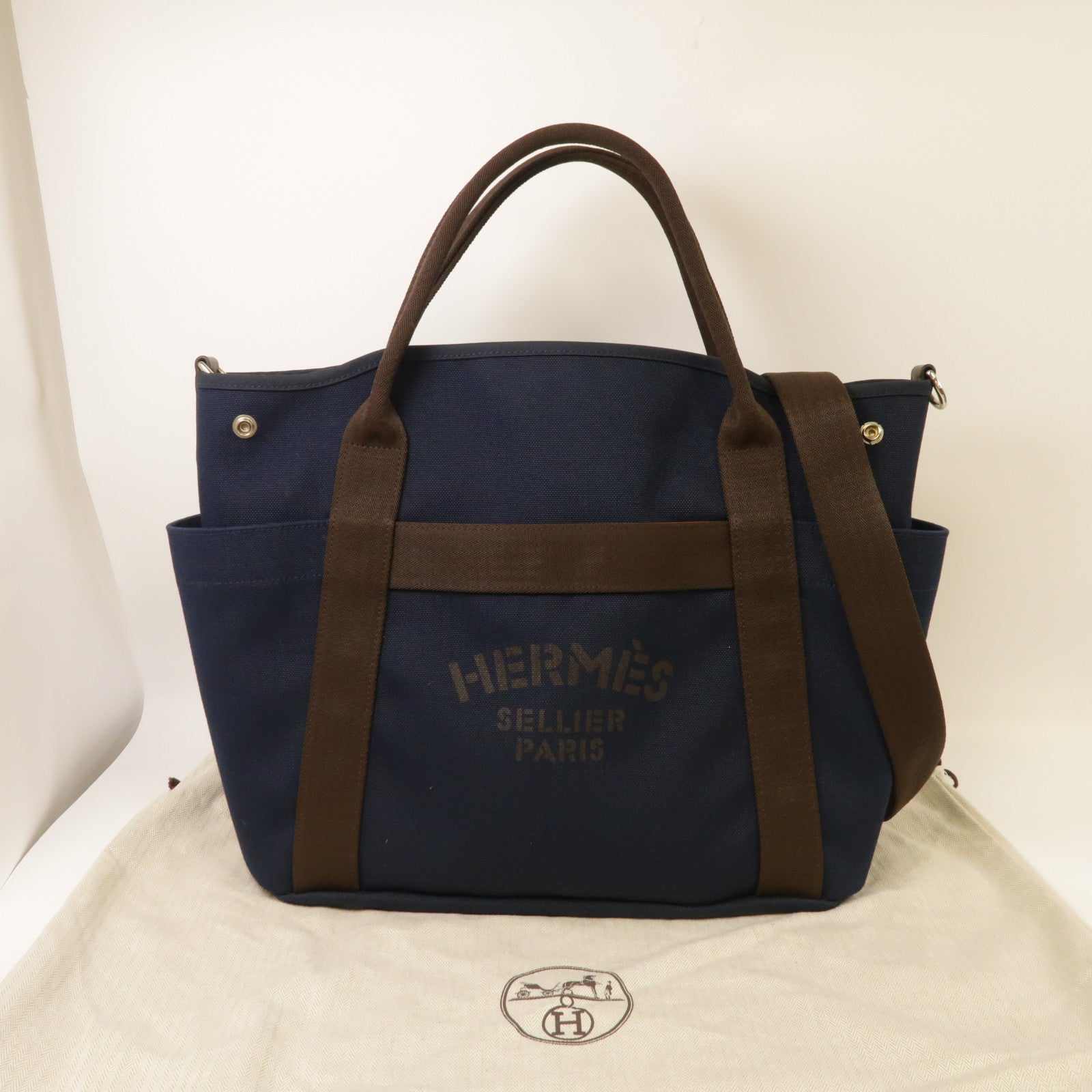 HERMES 帆布Grooming Bag銀扣手挽肩背兩用袋深藍色