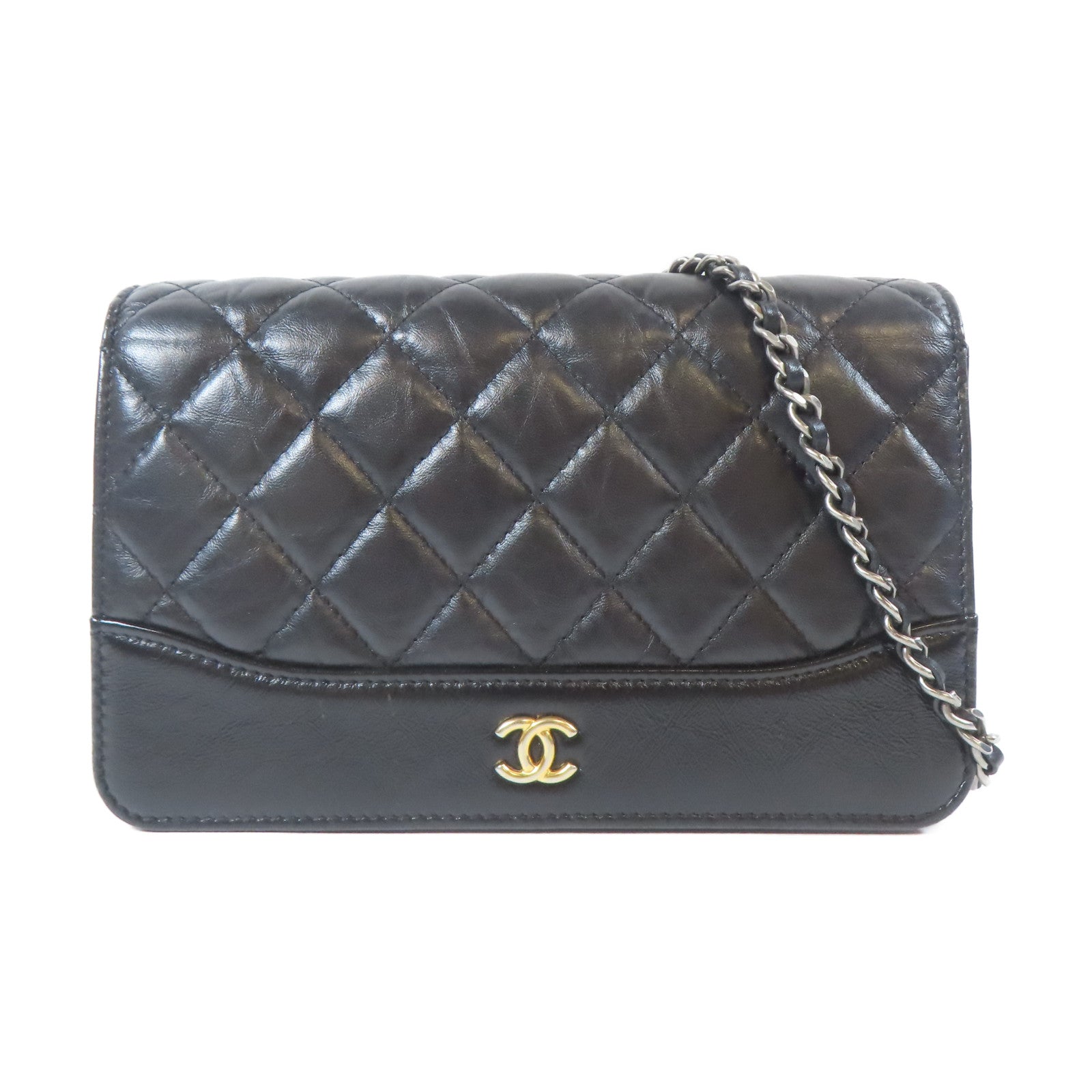 CHANEL 菱格牛皮皮革Gabrille Wallet On Chain金扣鏈帶肩背袋黑色
