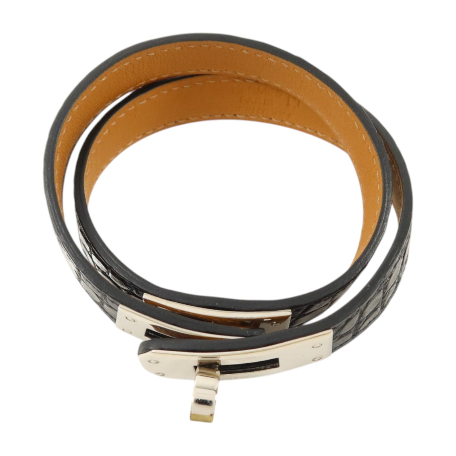 HERMES Alligator皮革Kelly Double Tour Bracelet銀扣手鏈Noir