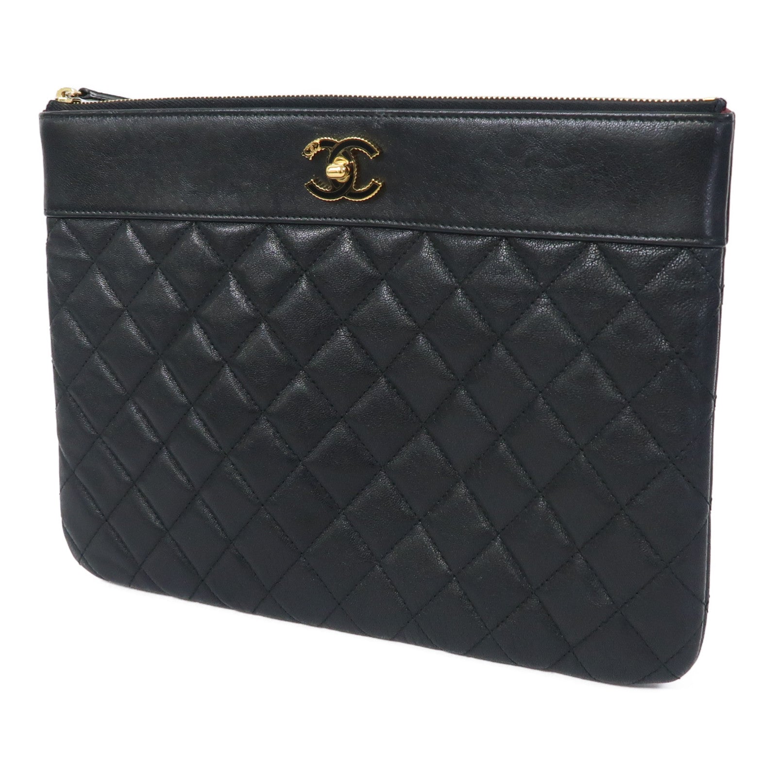CHANEL 菱格牛皮皮革Clutch金扣手拿包黑色