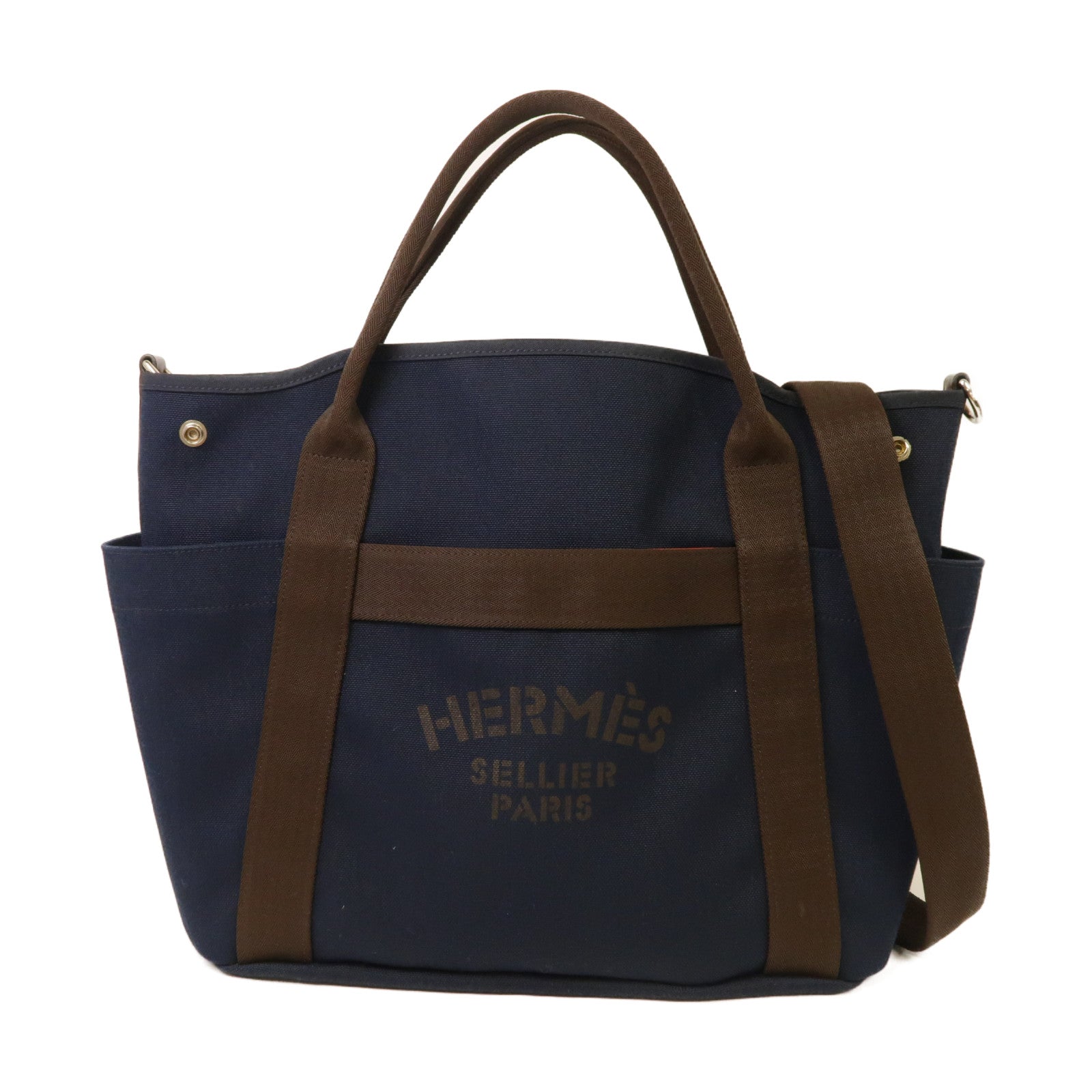 HERMES 帆布Grooming Bag銀扣手挽肩背兩用袋深藍色