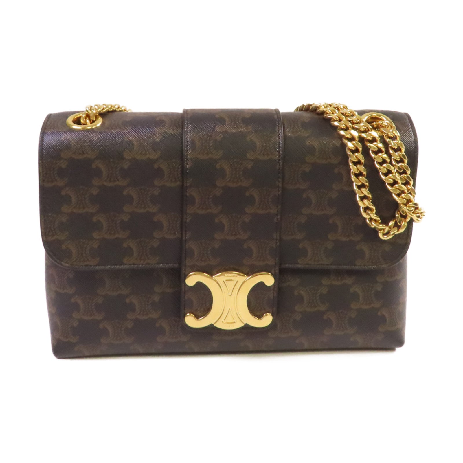 CELINE Triomphe塗層帆布Victoire Shoulder Bag金扣鏈帶肩背袋啡色