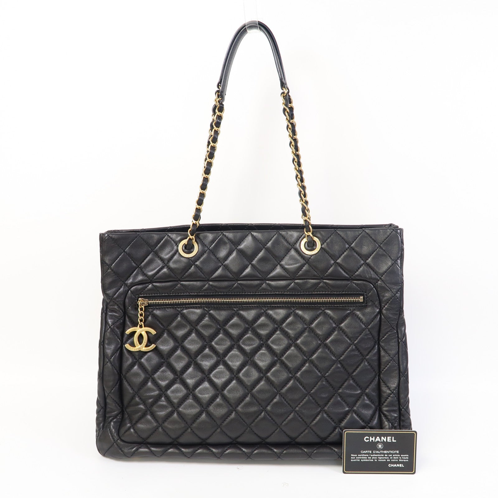 CHANEL 菱格羊皮皮革Chain Shoulder Tote金扣鏈帶肩背/手挽袋黑色