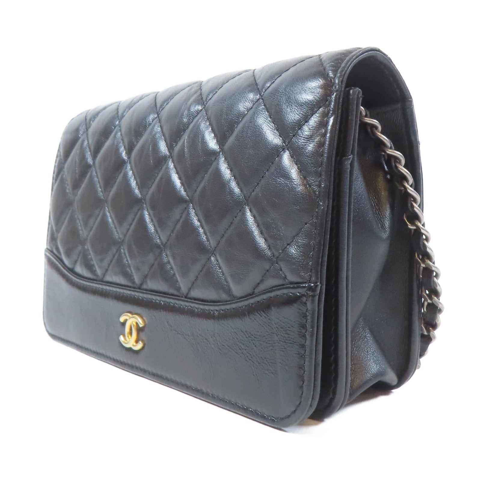 CHANEL 菱格牛皮皮革Gabrille Wallet On Chain金扣鏈帶肩背袋黑色