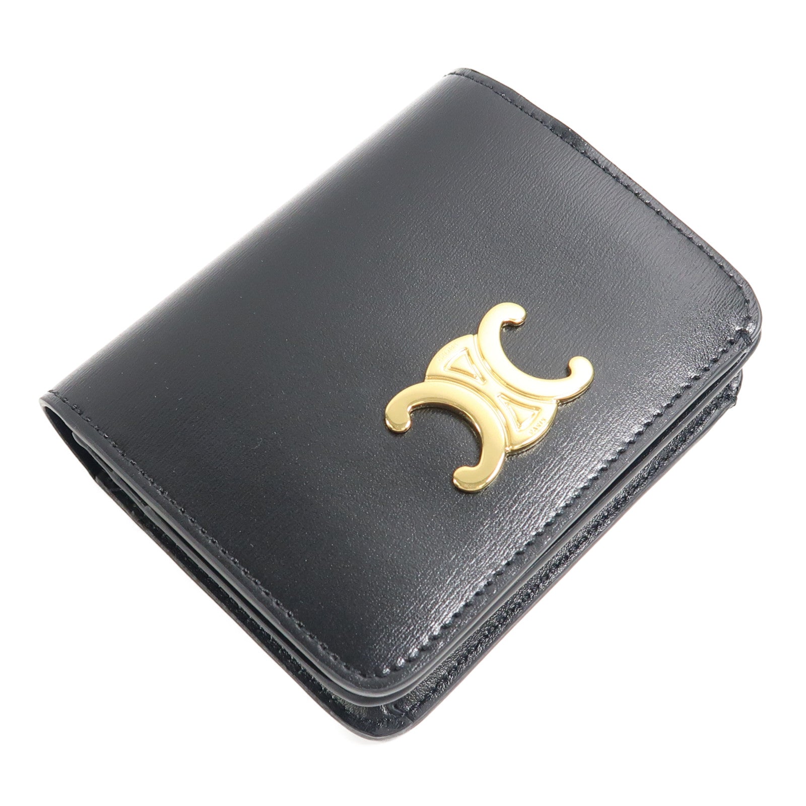 CELINE 牛皮皮革Triomphe Compact Wallet金扣錢包黑色