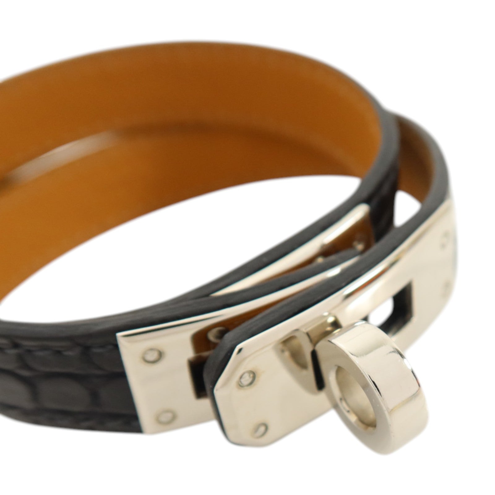 HERMES Alligator皮革Kelly Double Tour Bracelet銀扣手鏈Noir
