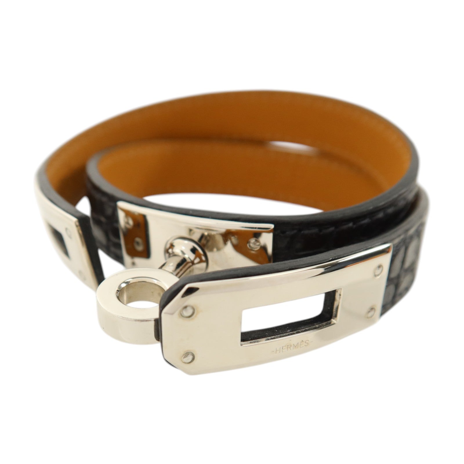 HERMES Alligator皮革Kelly Double Tour Bracelet銀扣手鏈Noir