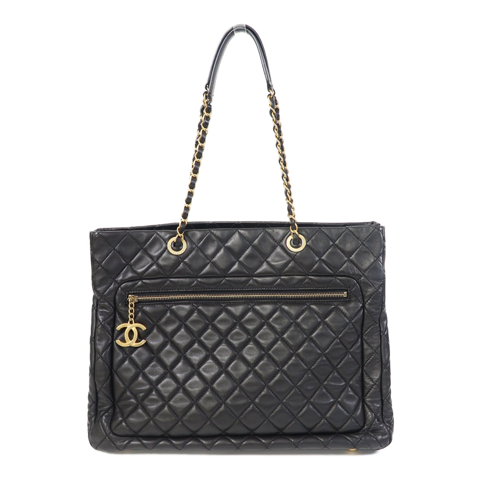 CHANEL 菱格羊皮皮革Chain Shoulder Tote金扣鏈帶肩背/手挽袋黑色