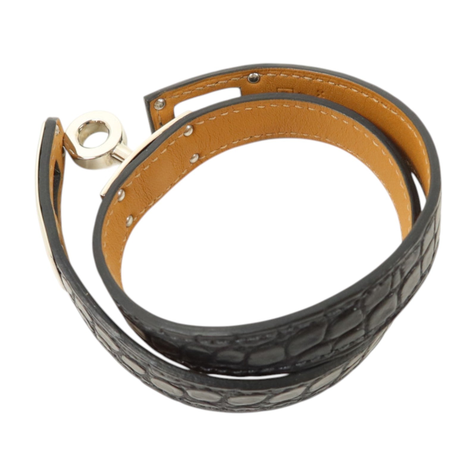 HERMES Alligator皮革Kelly Double Tour Bracelet銀扣手鏈Noir