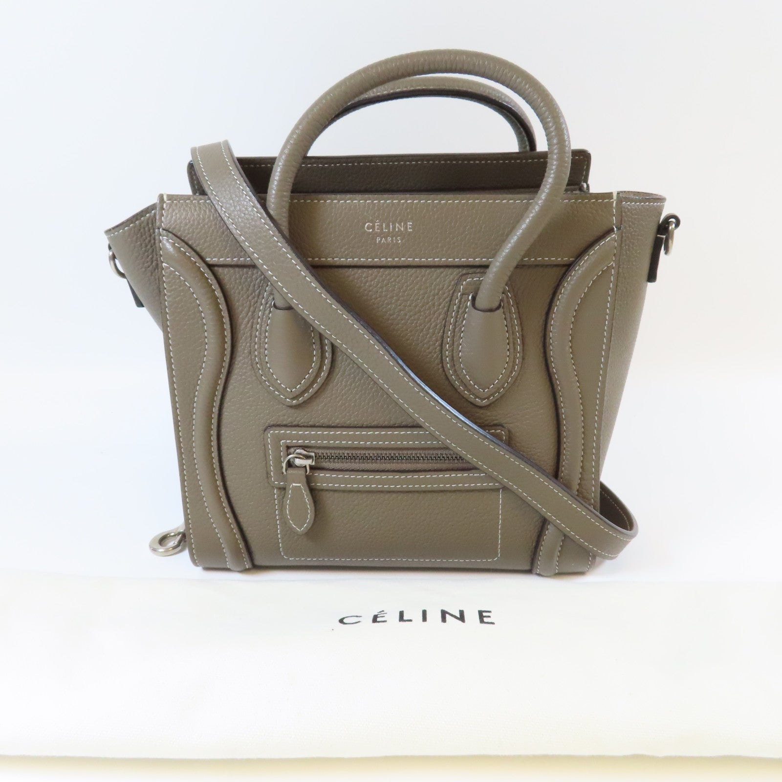 CELINE **【激減優惠】牛皮皮革Nano Luggage銀扣手挽肩背兩用袋灰色