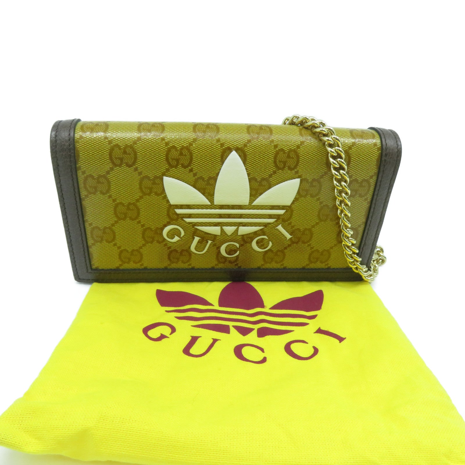 GUCCI 【清倉大減價】牛皮皮革/塗層帆布Wallet With Chain金扣鏈帶肩背袋芥末色/啡色