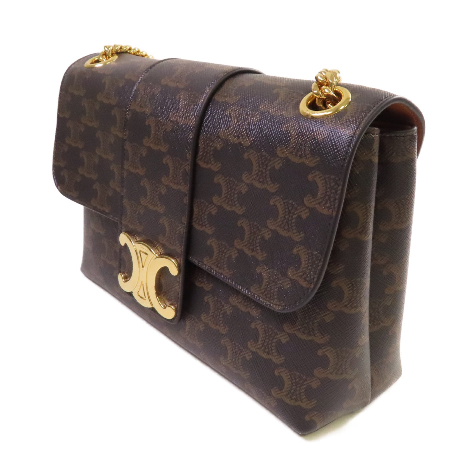 CELINE Triomphe塗層帆布Victoire Shoulder Bag金扣鏈帶肩背袋啡色